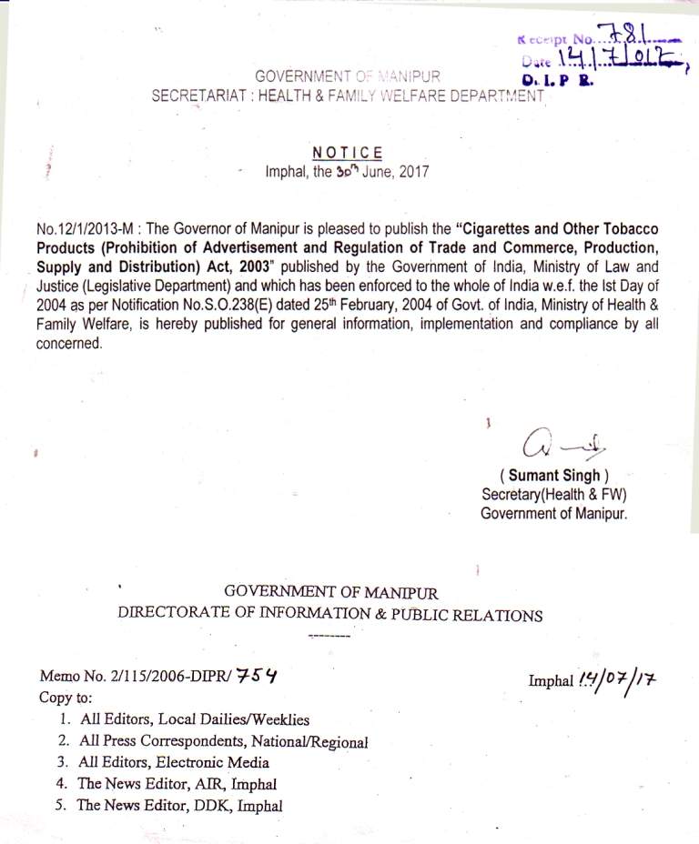 NOTICE FROM THE SECRETARIAT, HEALTH & FAMILY WELFARE DEPARTMENT