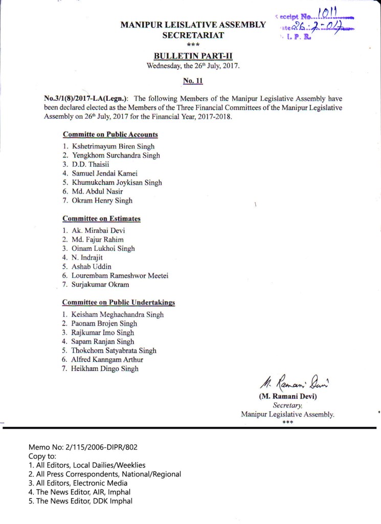 MANIPUR LEGISLATIVE ASSEMBLY SECRETARIAT BULLETIN PART-I