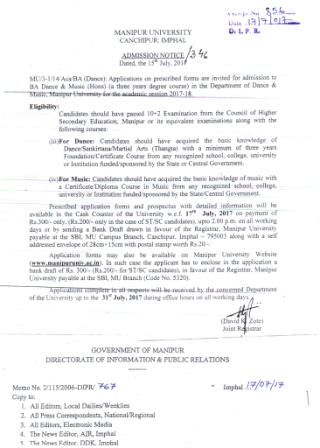 ADMISSION NOTICE FROM MANIPUR UNIVERSITY