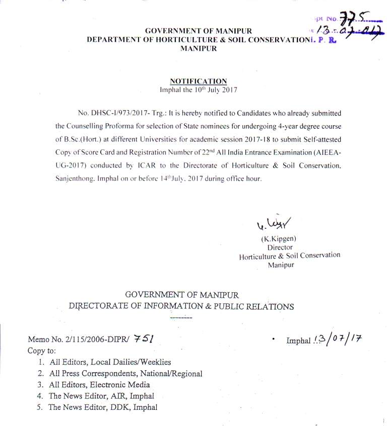 NOTIFICATION FROM DEPARTMENT OF HORTICULTURE & SOIL CONSERVATION